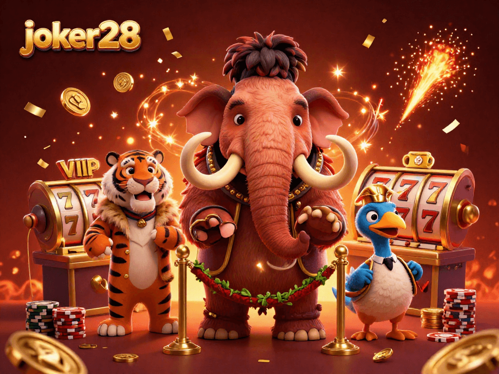 Experience excitement with joker28 featuring a cartoon woolly mammoth bouncer and VIP guests at a casino.