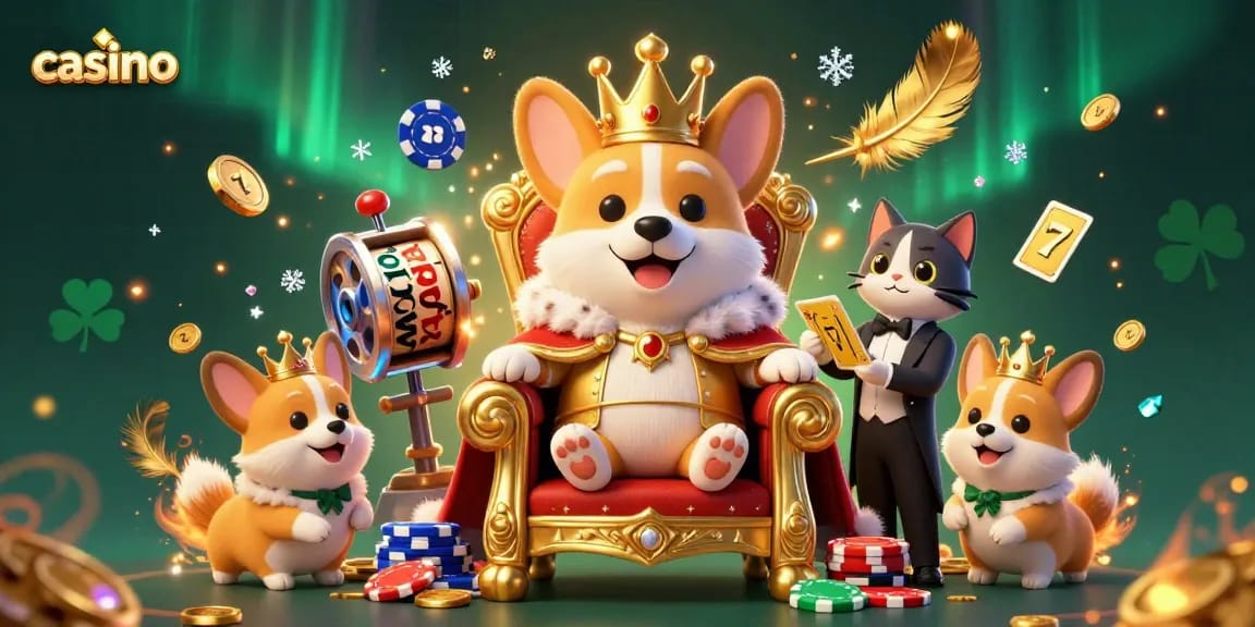 Engaging casino-themed 3D illustration featuring a royal corgi on a throne surrounded by gaming elements.