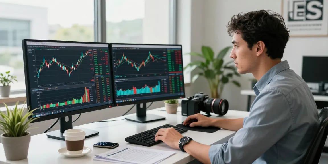 Scene showcasing Die Börse: Eine Einführung in die Welt der Investitionen with a trader analyzing stock market data in a modern office environment.