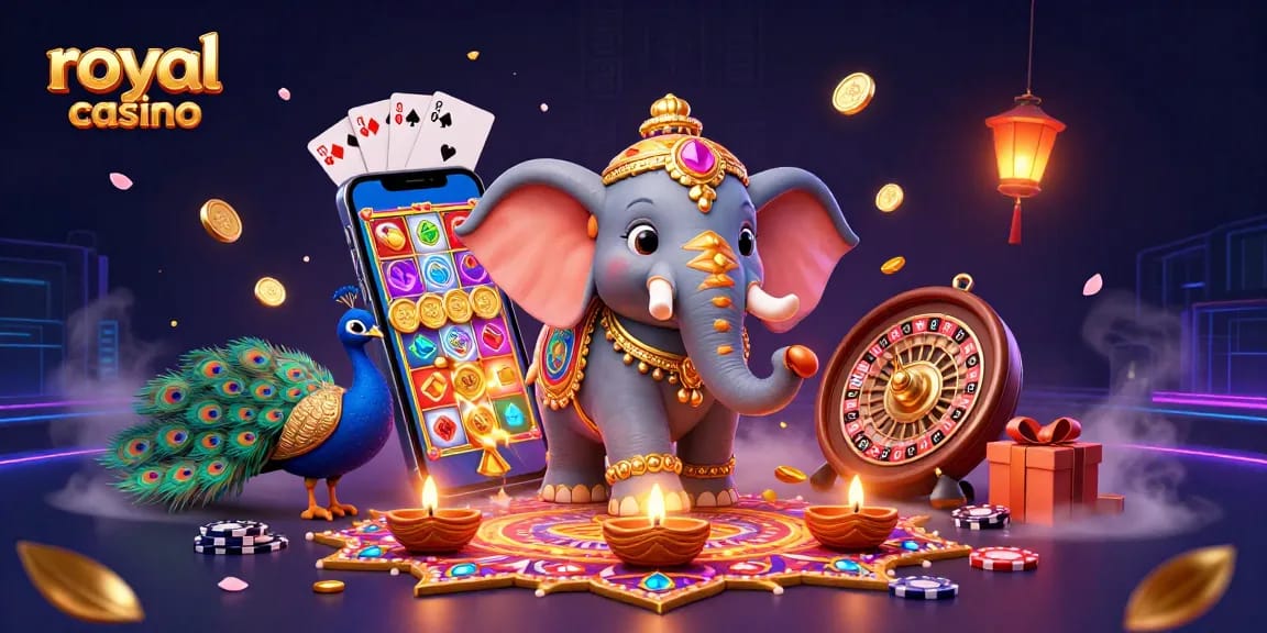 Engage with royal casino through vibrant slot games and immersive visuals featuring Diwali-themed characters.