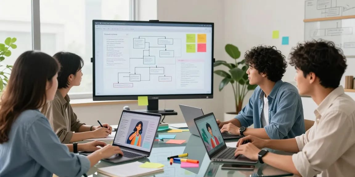 Diverse team collaborating on AI roleplay development in an engaging workspace.