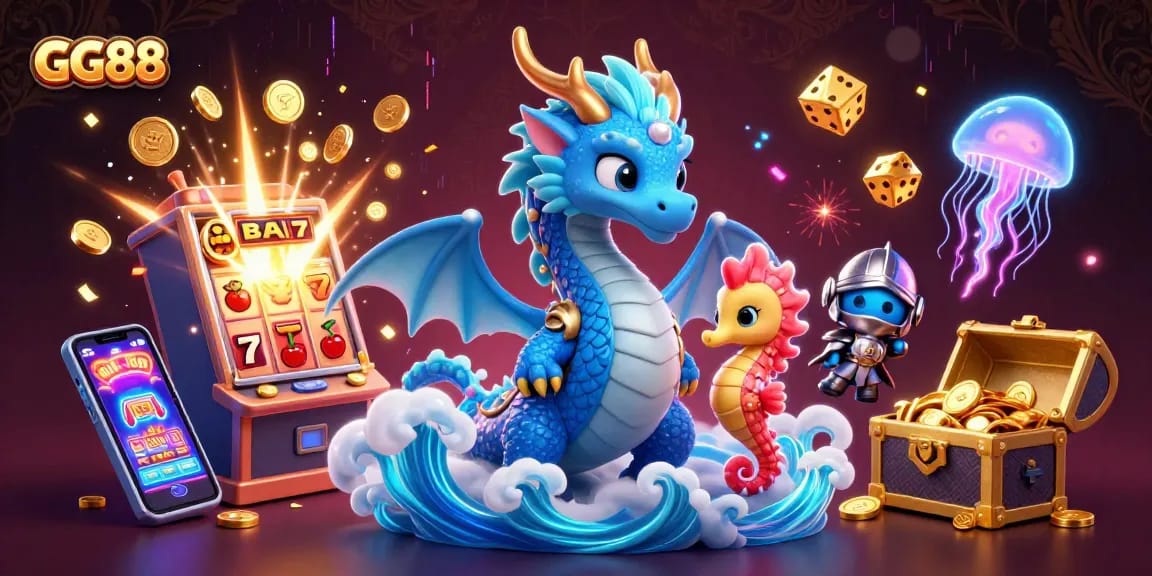 Experience vibrant GG88 gaming action with a cartoon dragon and thrilling casino elements.