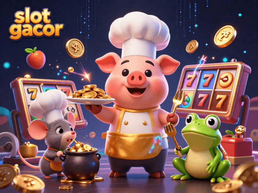 Experience slot gacor excitement as the chef pig serves golden coins in a vibrant casino scene.