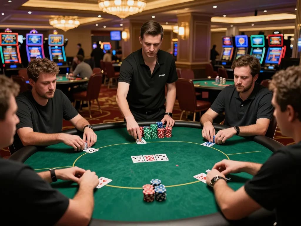 VIN777 players strategizing at a poker table in a luxurious casino setting