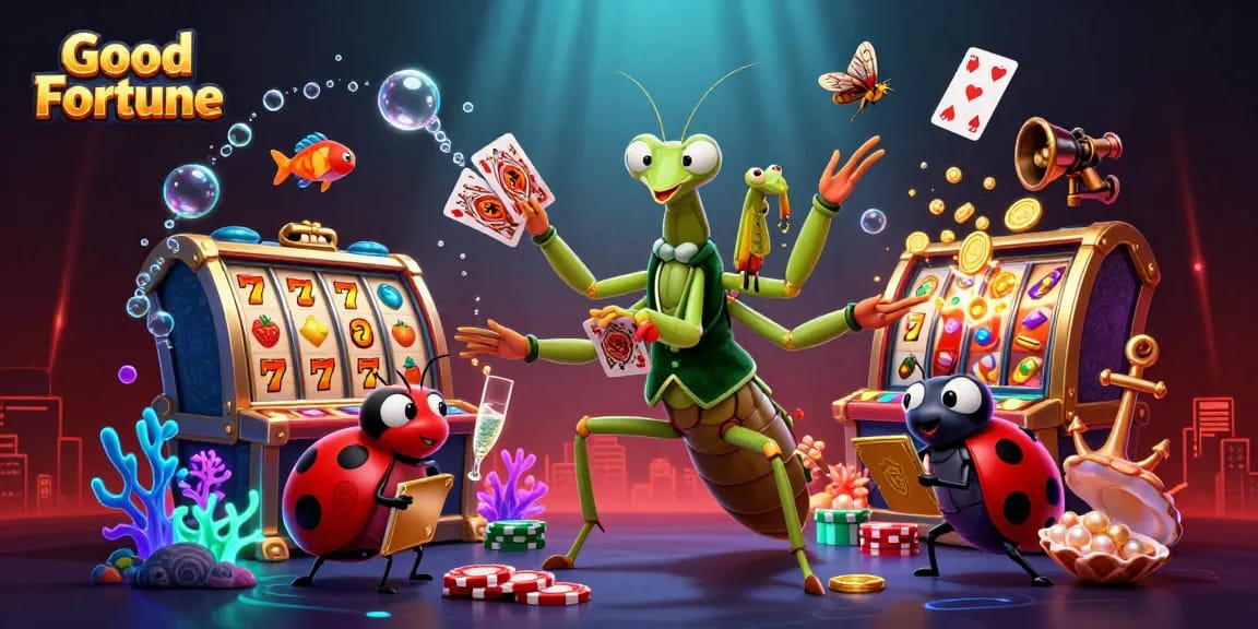 Experience Good Fortune with dynamic casino action featuring card games, slots, and vibrant characters.