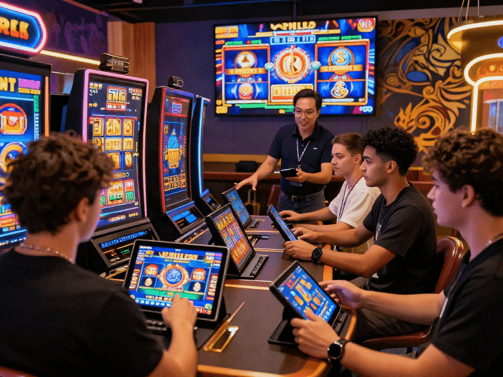 Engaging scene of players enjoying slot online games in a vibrant virtual casino.