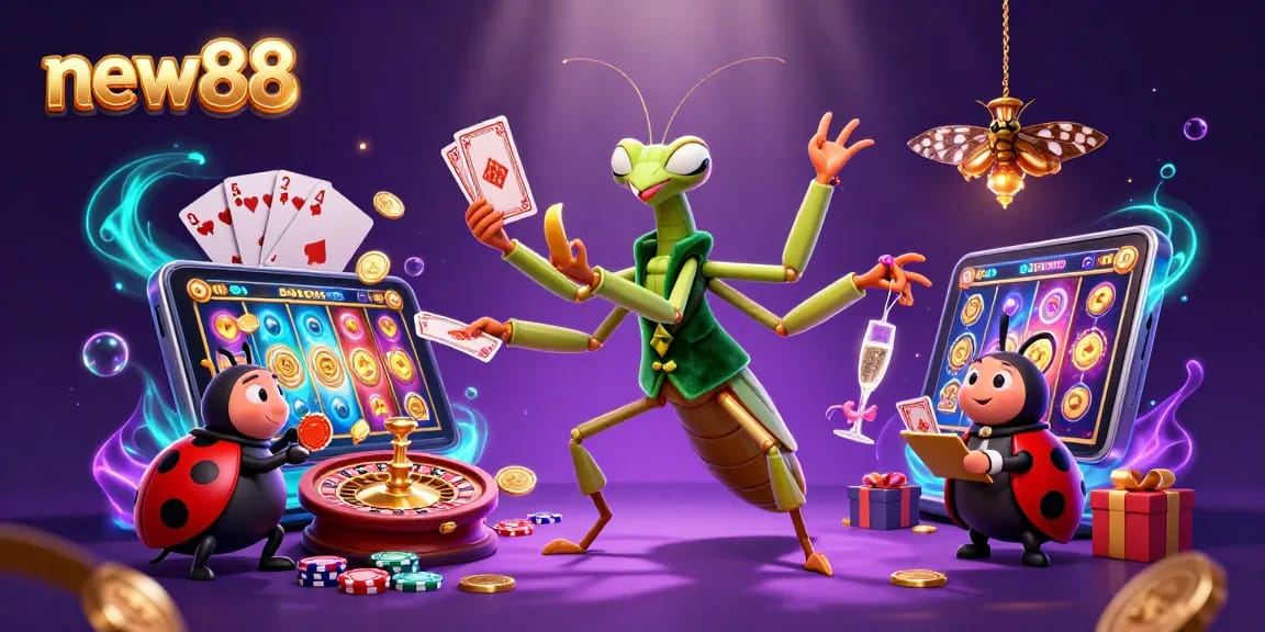 Experience new88's vibrant gaming scene with a giant mantis and ladybug dealer in a lively casino environment.