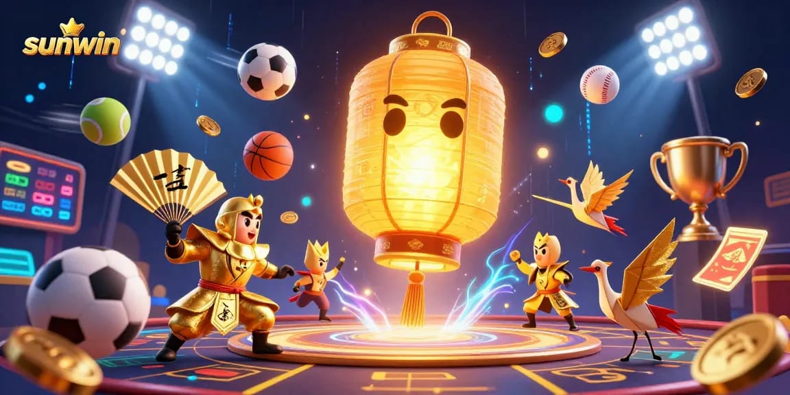 Engage in thrilling action with sunwin as fortune shines from a golden lantern spirit in a vibrant betting scene
