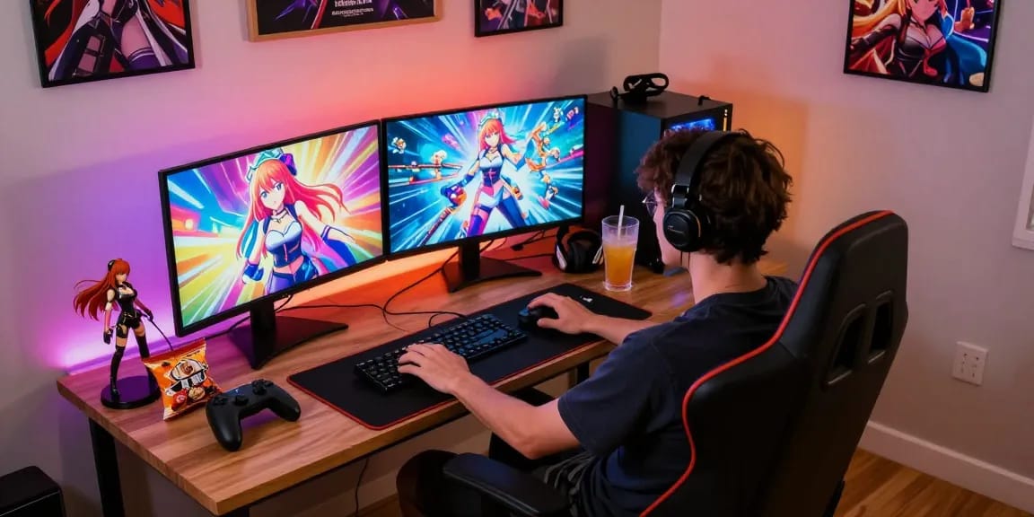 Player enjoying an ecchi game in a vibrant gaming setup.