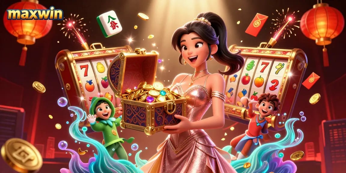 Maxwin showcases a joyful Asian woman presenting a treasure chest of slot riches and festive elements, enhancing player excitement.