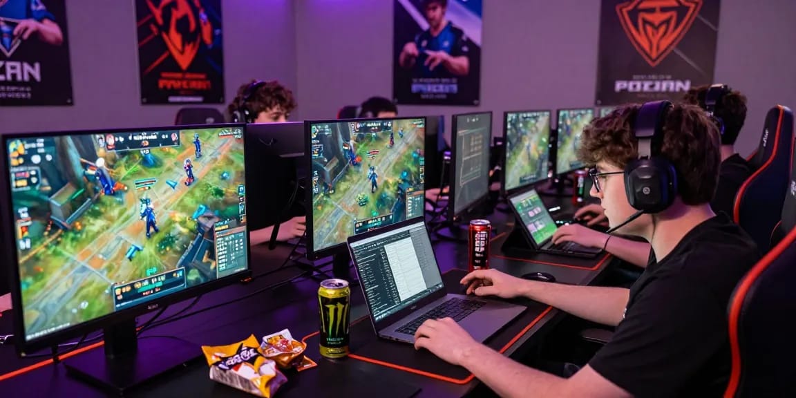 Esportspro gamers analyzing statistics and placing bets in a vibrant gaming environment.