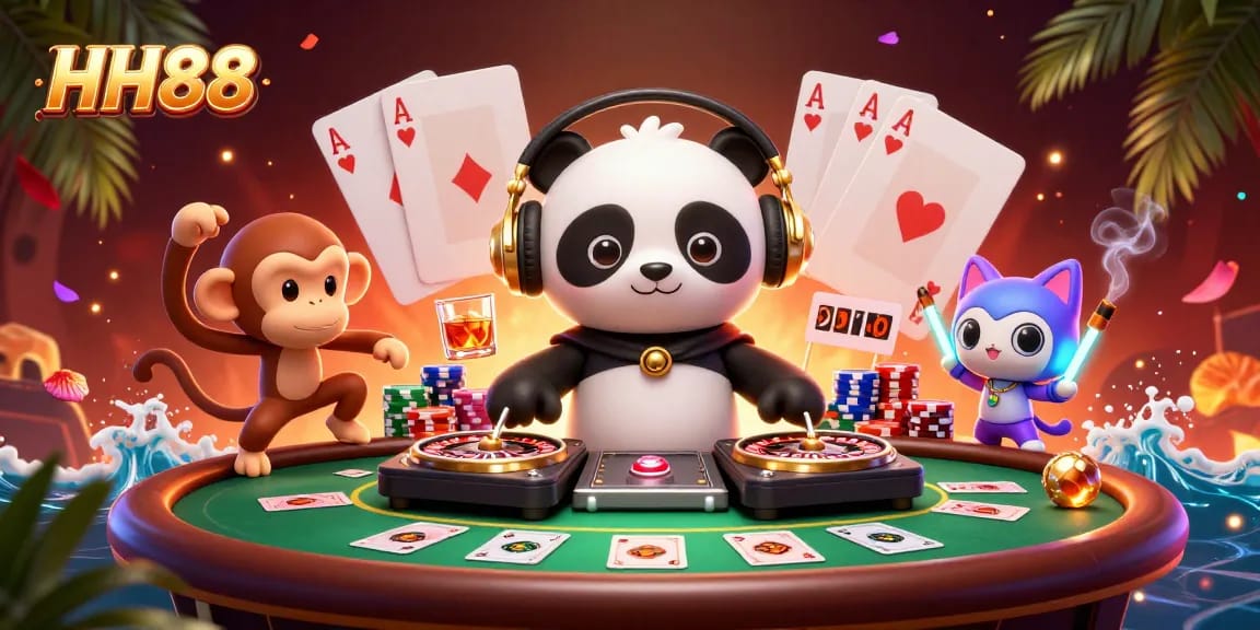 Magnificent DJ panda spins on roulette wheels at HH88 casino, surrounded by vibrant gaming elements.
