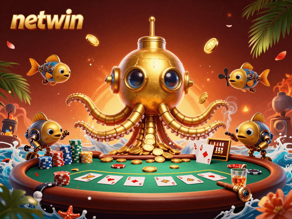 Experience netwin with a vibrant scene featuring a golden kraken submarine amidst poker excitement.