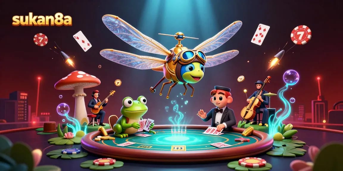 Sukan8a showcasing an energetic poker scene with a dragonfly pilot, frog dealer, and jazz-playing crickets.