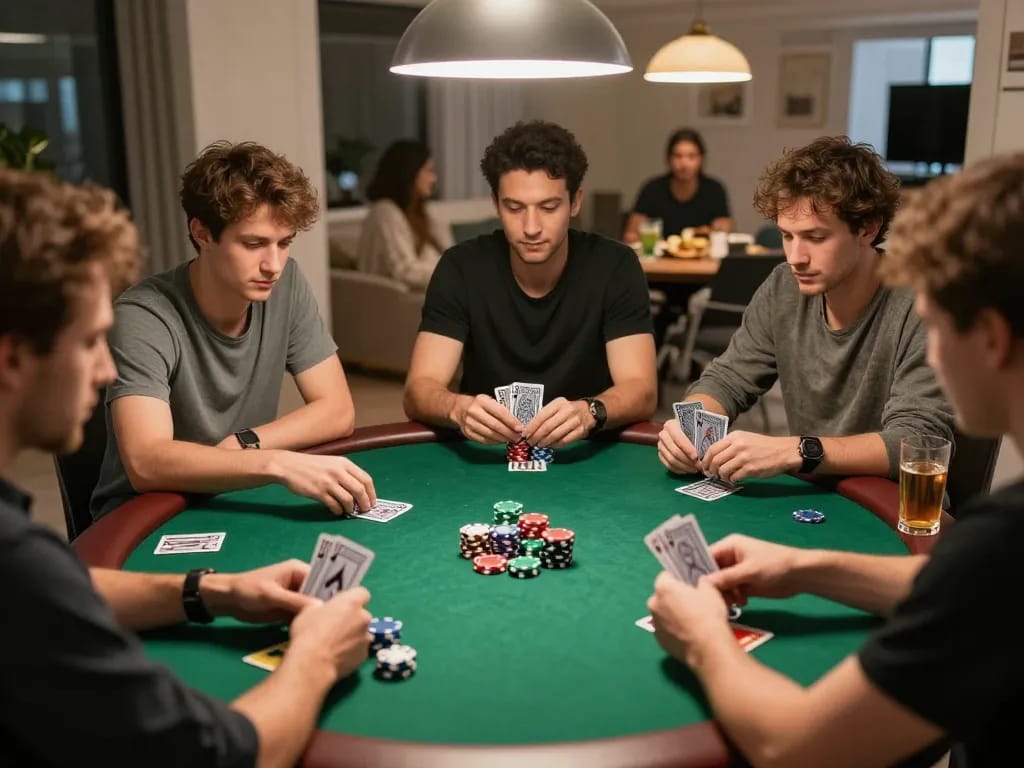 Poker enthusiasts at home strategizing their bets on https://fabet.limited/ with vibrant chips and attentive gameplay.