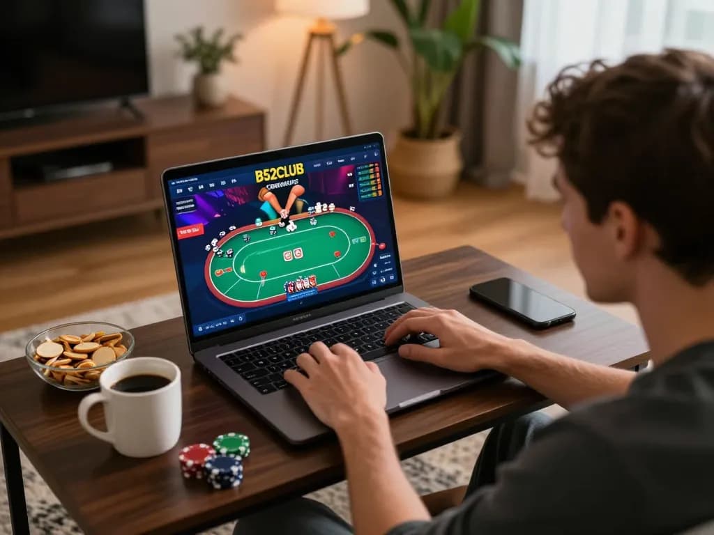 Người chơi B52club tham gia vào trò chơi poker chiến lược từ sự thoải mái tại nhà, màn hình laptop hiển thị giao diện trò chơi và không khí tập trung.