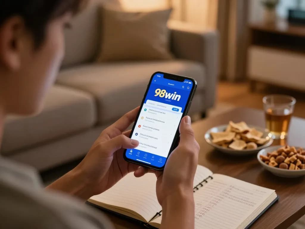 Player engaging with the 98win com app for online gaming in a cozy home setting.