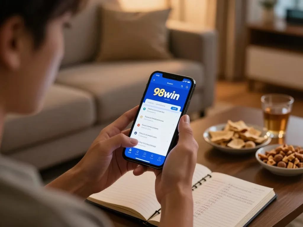 Player engaging with the 98win com app for online gaming in a cozy home setting.