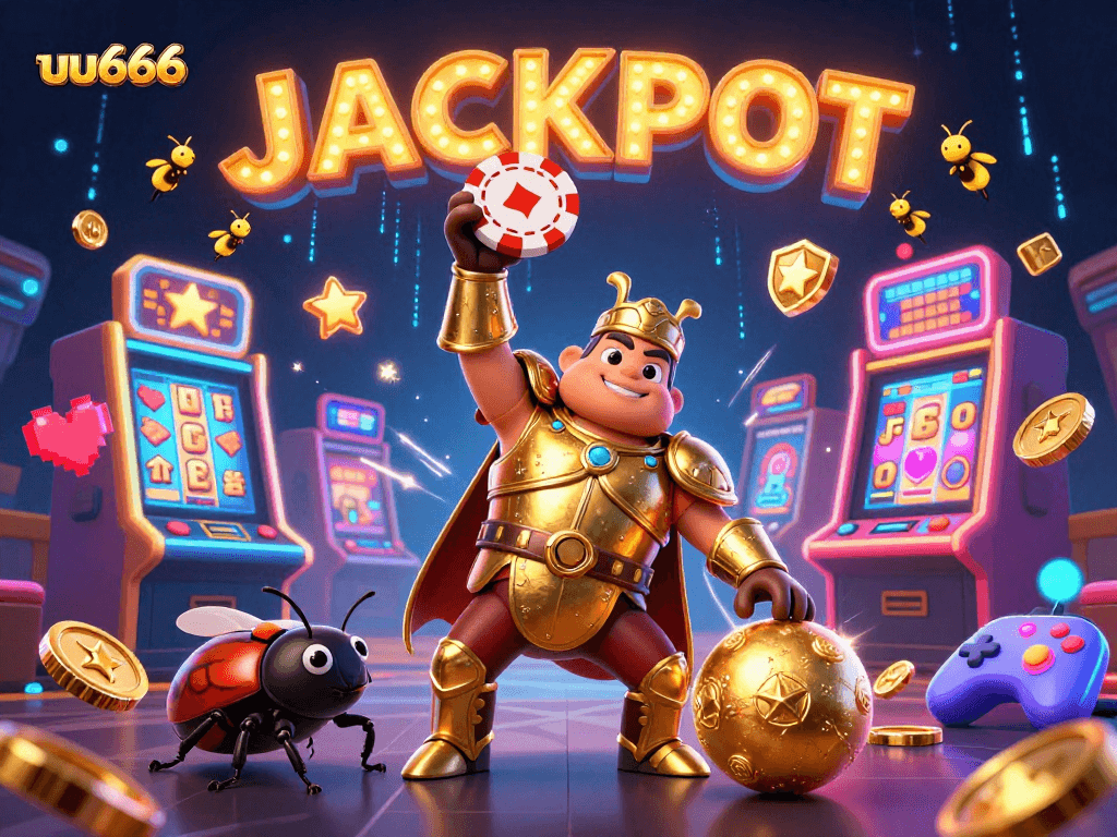 Engage in thrilling gameplay at uu666 with a dynamic slot scene featuring a heroic beetle lifting a poker chip.