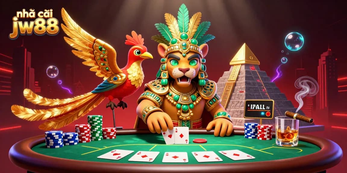 Experience the excitement of Nhà cái jw88 in a vibrant 3D casino scene filled with poker action.