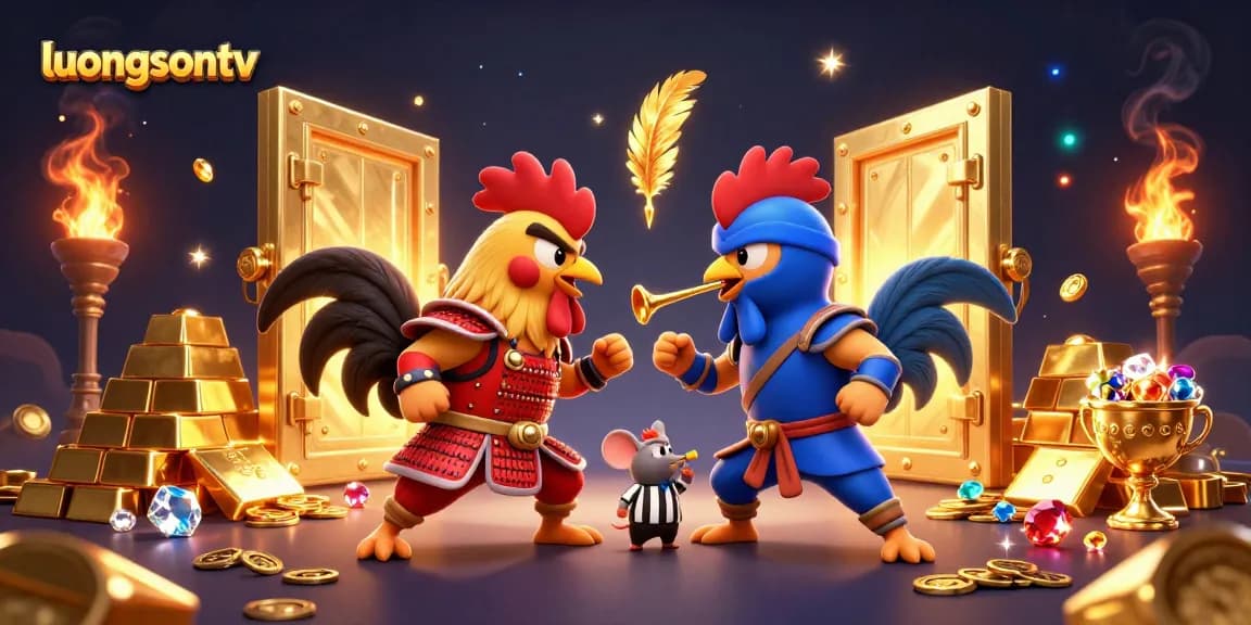 Experience thrilling luongsontv action with battling roosters in a dynamic 3D casino scene.