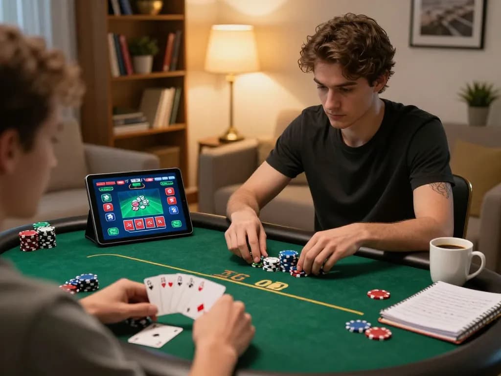 Playing poker on a tablet while tải game iwin iwin68 club at home, showcasing online gambling atmosphere.