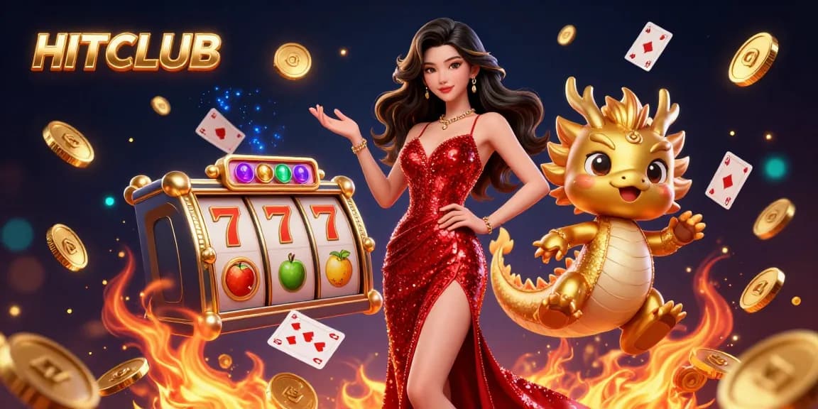 Play and win at HITCLUB with vibrant 3D illustration featuring dynamic casino elements and engaging characters.