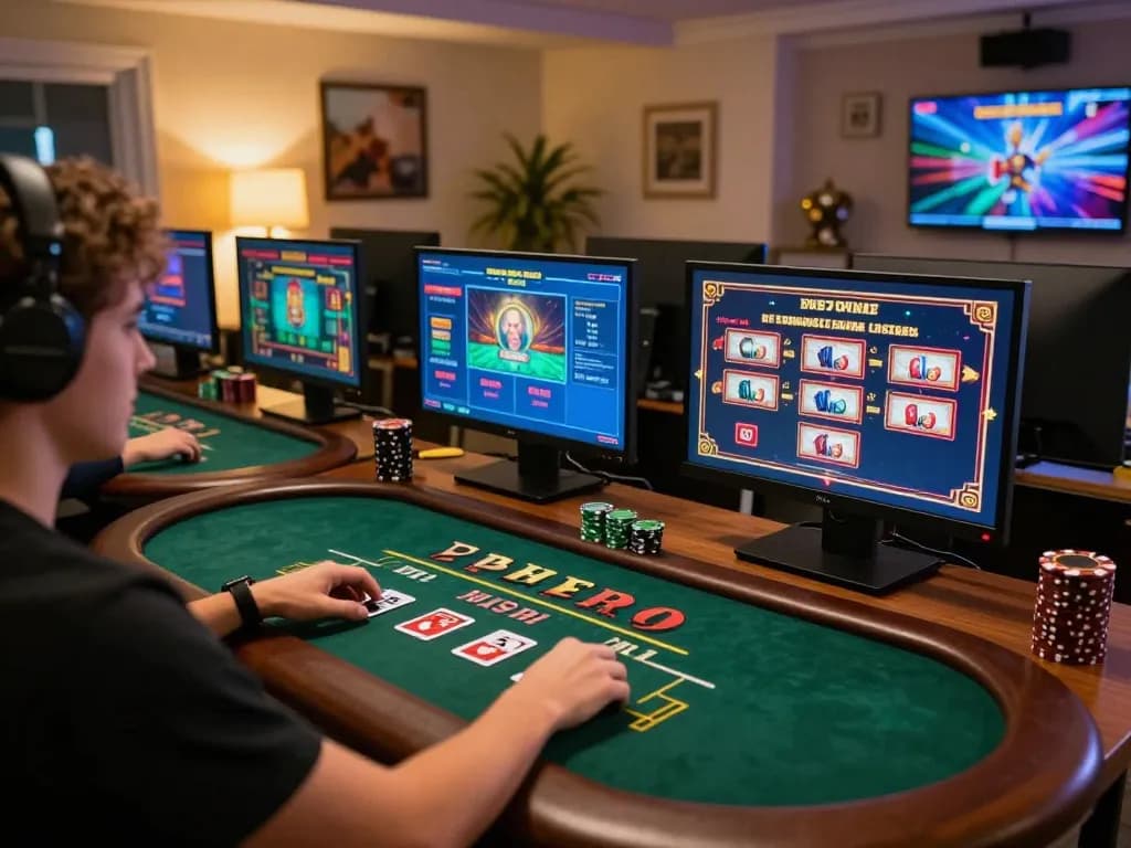 Player experiencing thrilling online blackjack at 32win, showcasing an engaging home gaming setup.