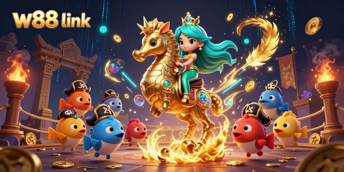 Betting adventure with vibrant w88 link illustration featuring a mermaid and seahorse amidst gold coins.