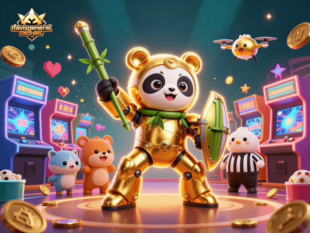 Davisgeneralrepair showcases thrilling gameplay with a golden panda battling in a lively casino arena.