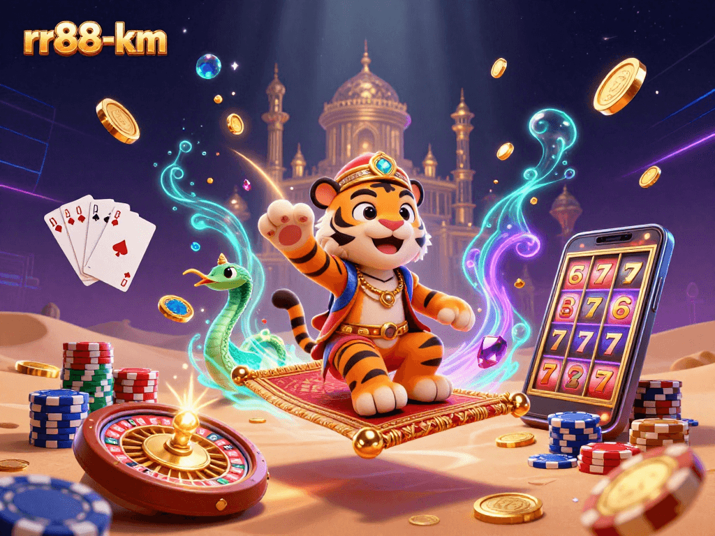 Experience excitement with rr88-km's vibrant casino scene featuring a tiger sultan and dynamic game elements.