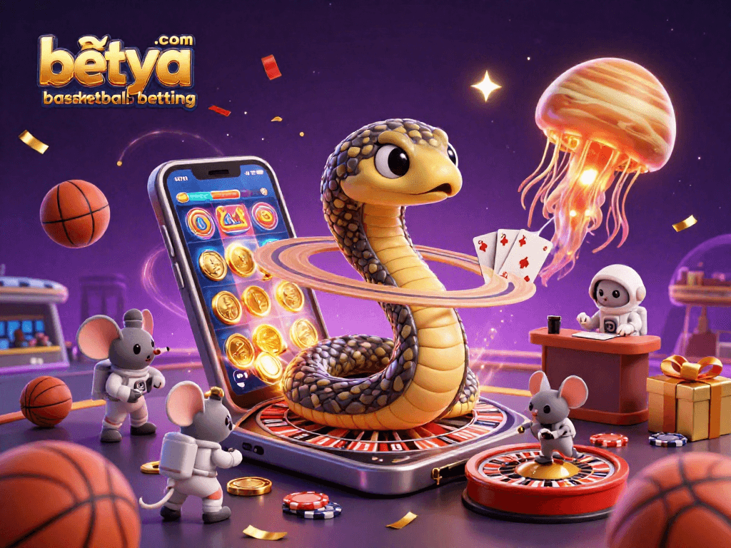 Engage in betya.com basketball betting with a vibrant 3D cosmic casino illustration full of action.