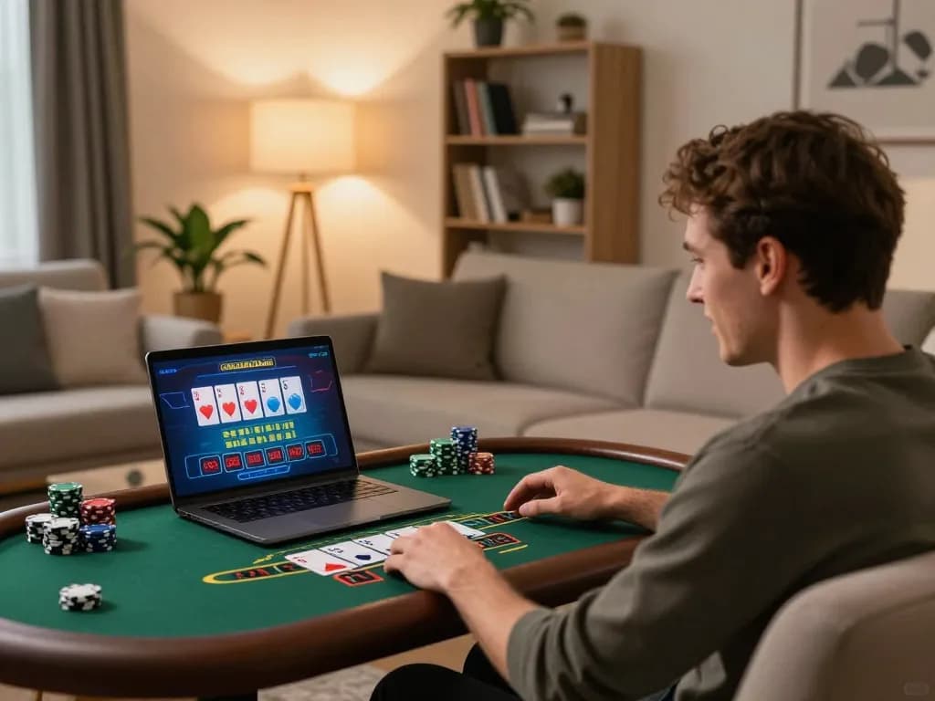 hm88 player enjoying live dealer blackjack at home with vibrant cards on laptop