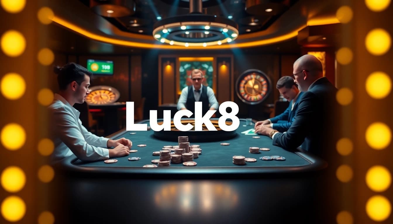 Luck8 players enjoying a thrilling poker game with vibrant casino elements in the background.