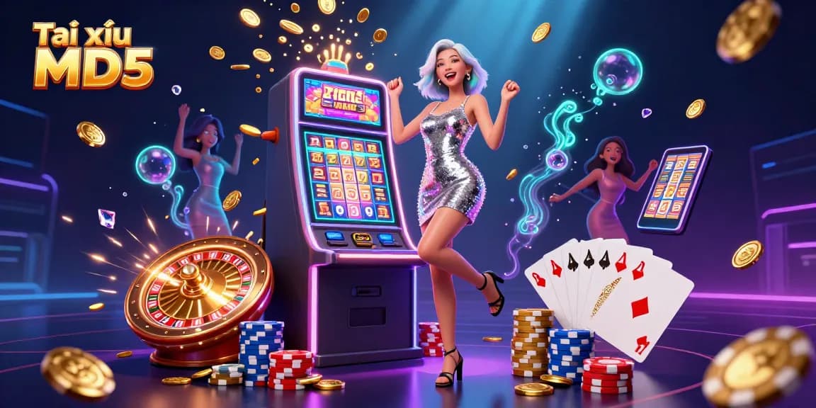 Spin to win with Tài xỉu MD5 featuring a celebratory player and a jackpot machine.