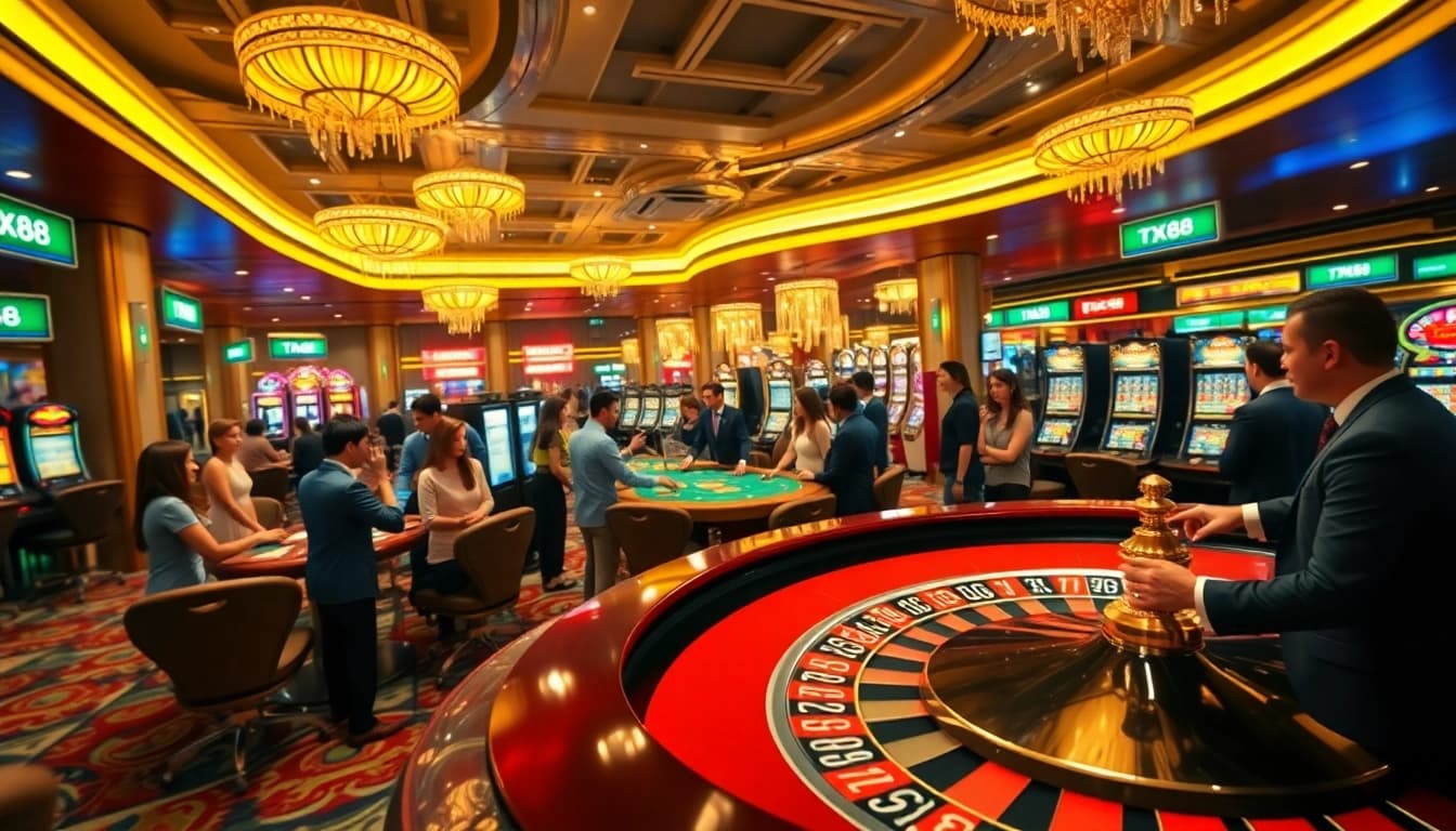 Experience the excitement of gambling at TX88 with roulette, poker, and vibrant casino visuals.