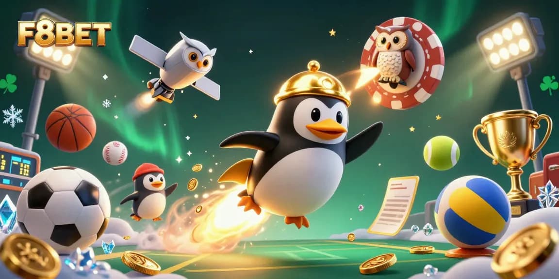 F8BET captivates players with an enchanting 3D casino illustration featuring a penguin blasting through space.