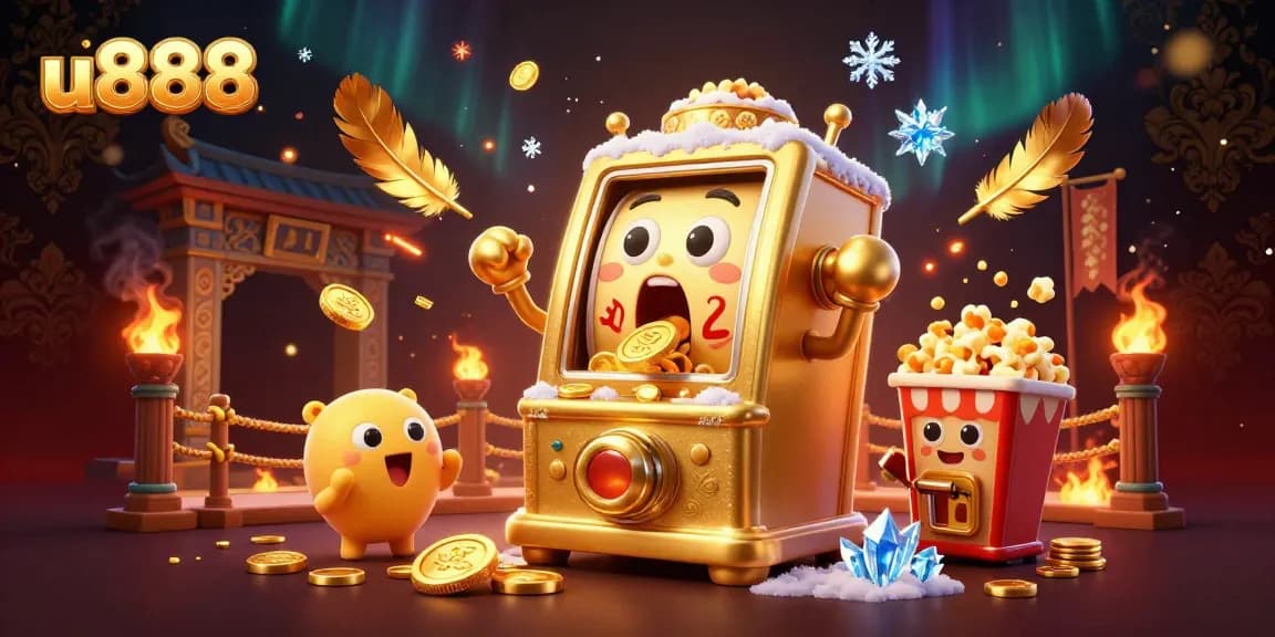 u888 jackpot celebration scene with cartoon slot machine and gold coin explosion.