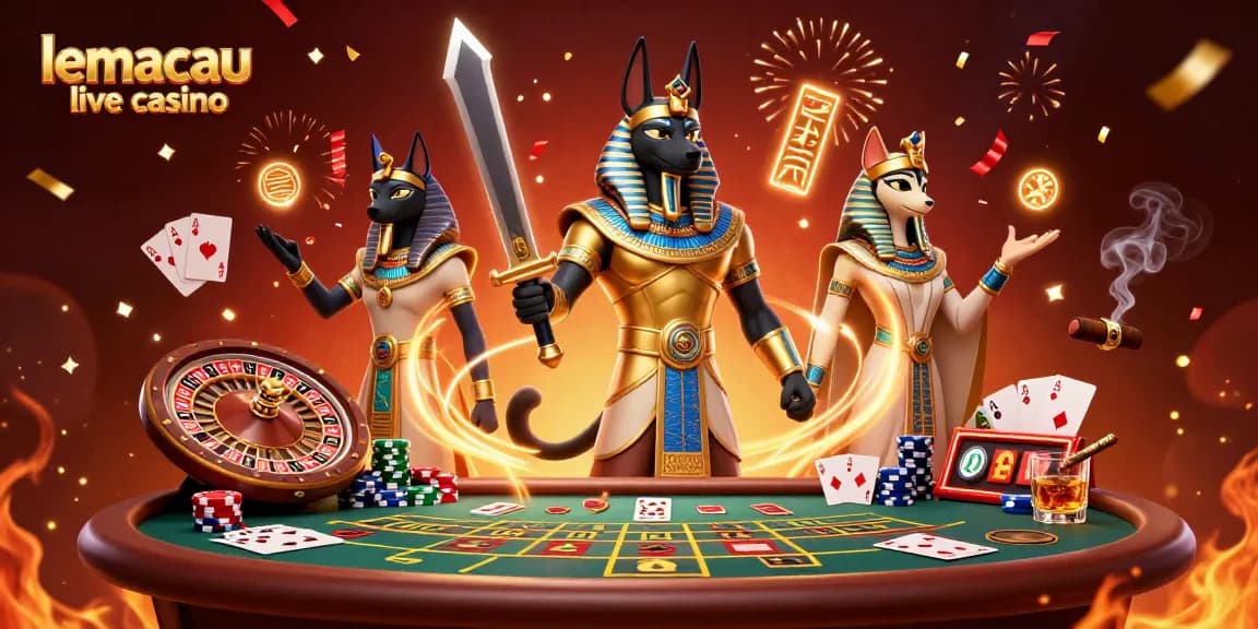 Engage with vibrant lemacau live casino action featuring Anubis and Bastet in a dynamic casino scene.