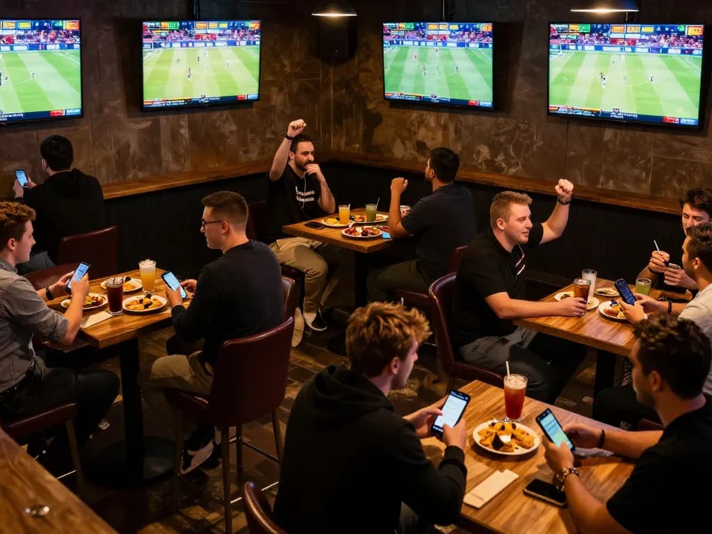 Excited patrons placing bets on f8bet during a thrilling live sports game.