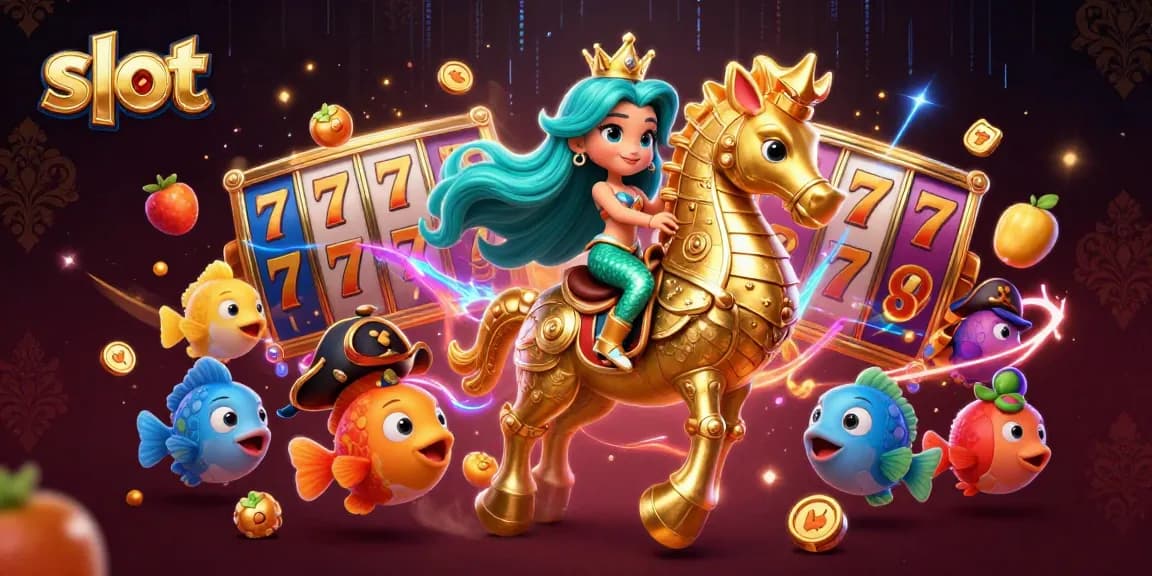 Permainan slot menarik dengan simbol keberuntungan dan jackpot yang cerah.