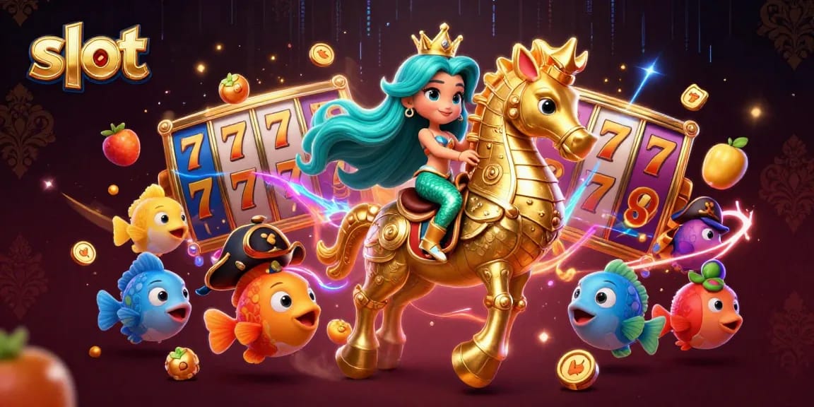 Permainan slot menarik dengan simbol keberuntungan dan jackpot yang cerah.