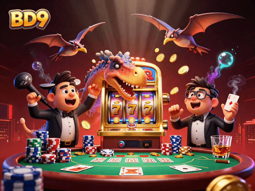 BD9 casino features a dinosaur smashing a slot machine, collecting jackpot coins in a vibrant scene.