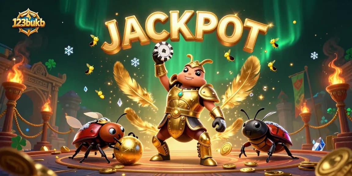 Join the 123bukb adventure with the beetles lifting winnings at a vibrant casino!
