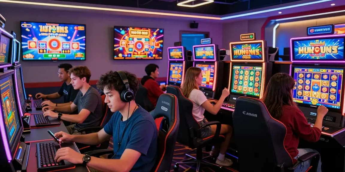 Players exploring exciting bonus buy slots at an international online casino, showcasing vibrant gaming atmosphere.