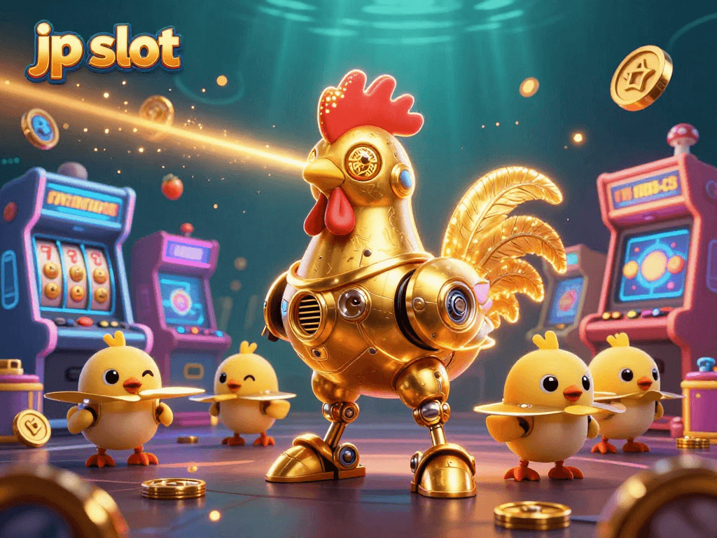 Engage in thrilling jp slot action with a golden rooster robot amidst spinning reels and vibrant casino elements.