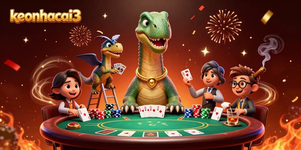 Experience keonhacai3's thrilling poker scene with a playful brontosaurus and clever raptor dealer.