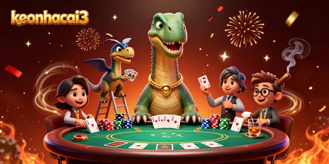 Experience keonhacai3's thrilling poker scene with a playful brontosaurus and clever raptor dealer.
