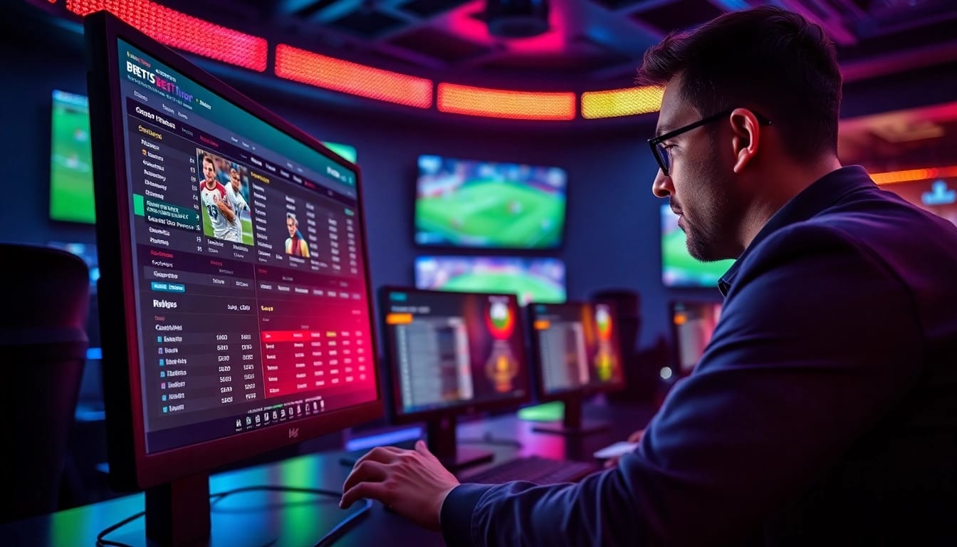 Engaging scene of online Betting with a player interacting with live sportsbook odds on a sleek desktop.