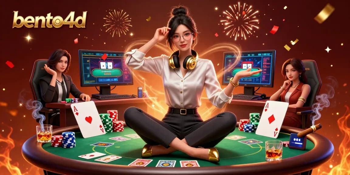 Ikuti permainan mendebarkan di bento4d, menampilkan elemen kasino yang cerah dan seorang gamer yang elegan.